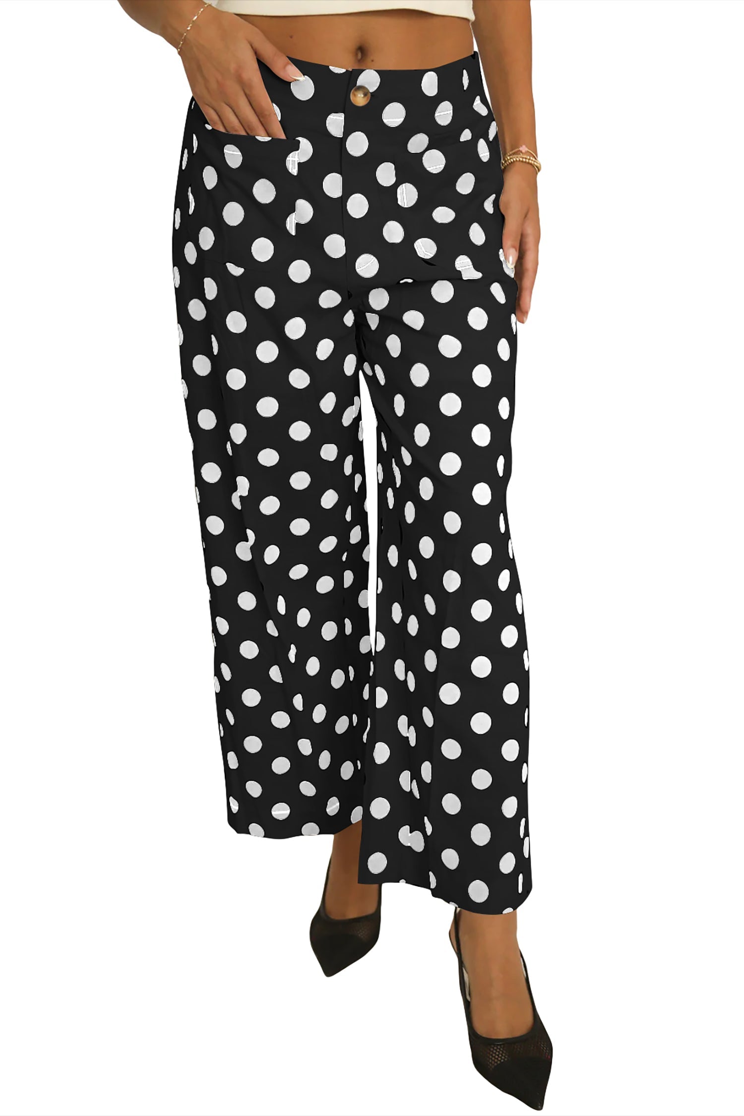 Polka-Dot Pocket Print Patched Mid-rise Straight Leg Pants in Black