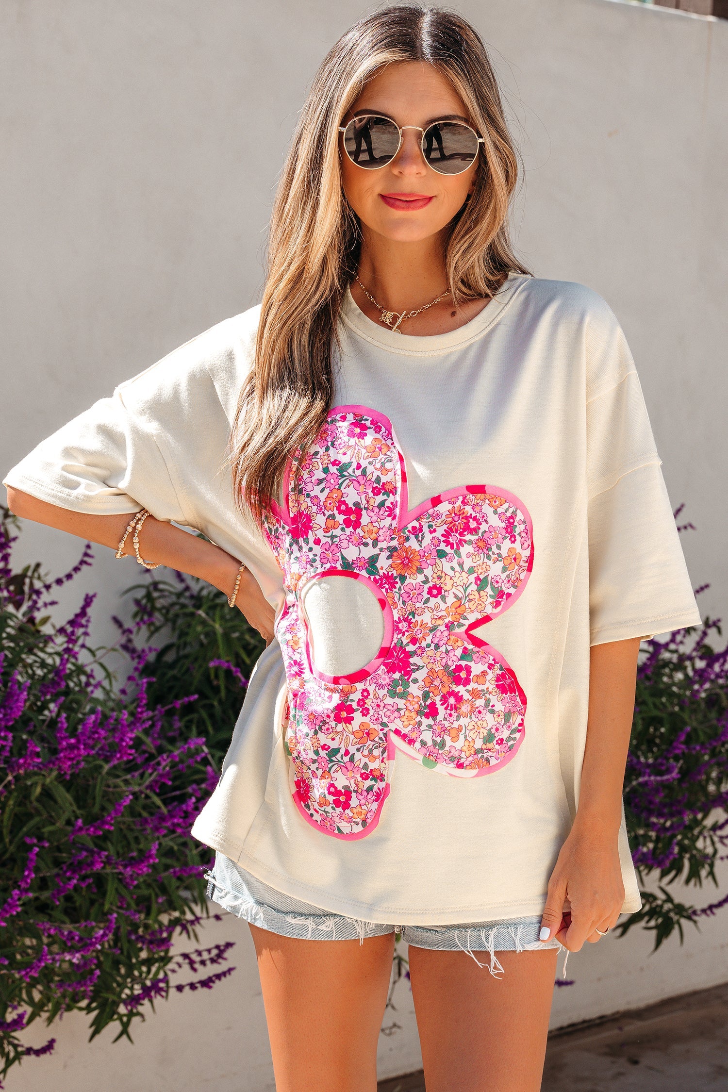 Floral Patched Raw Seam Big Flower Oversize Tee