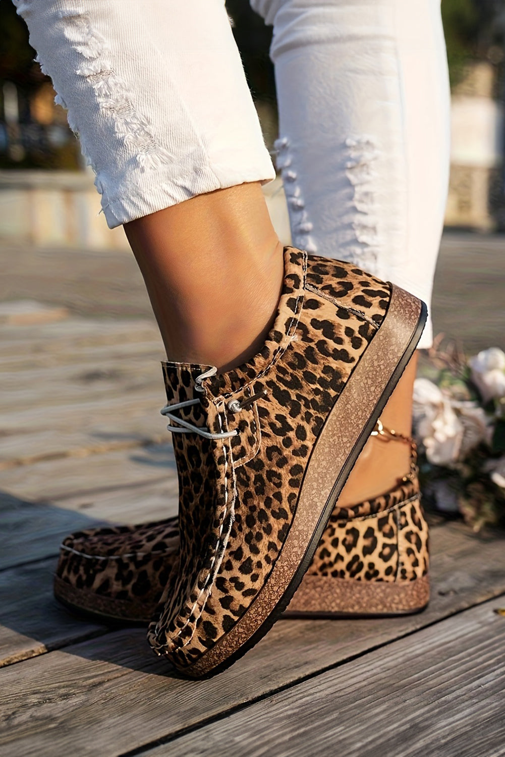 Leopard Lace-up Faux Suede Decor Slip On Shoes