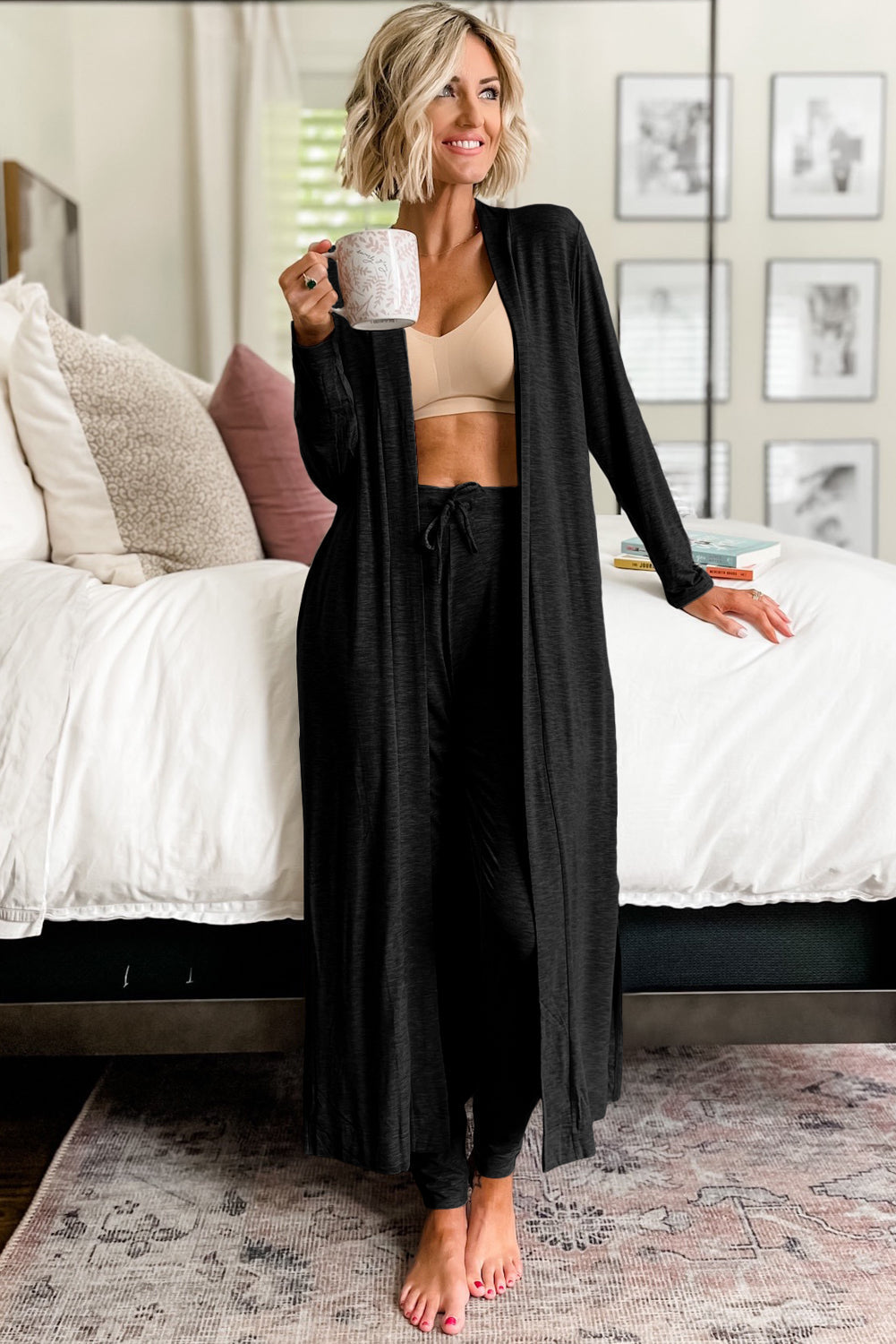 Long Cardigan Split Cardigan and Skinny Pants Lounge Set
