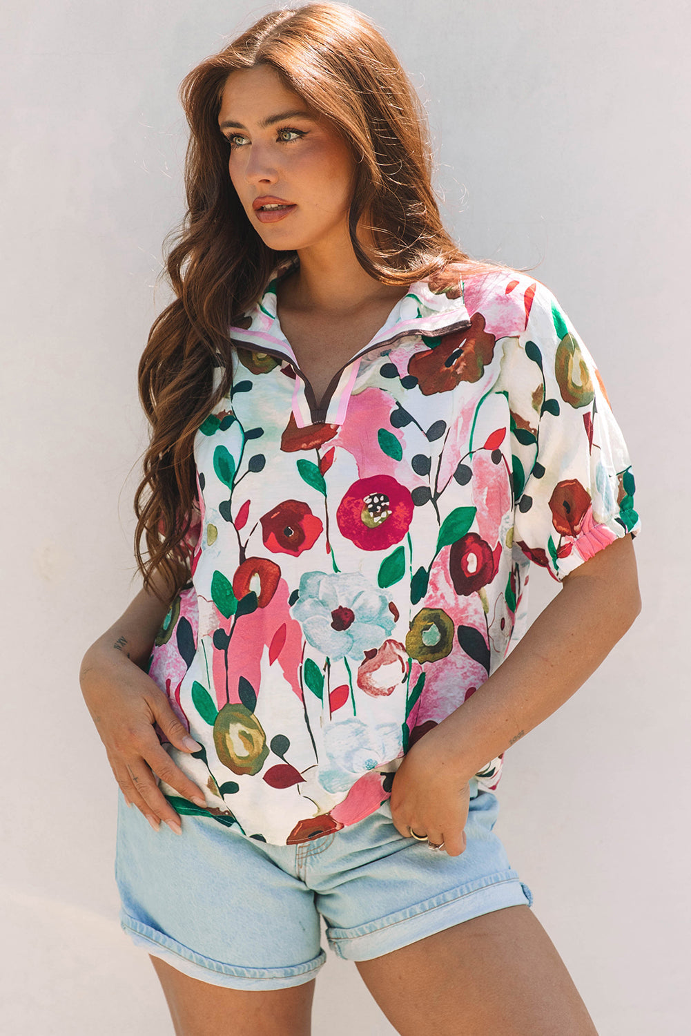 Floral Print Slit V Neck Short Sleeve Blouse