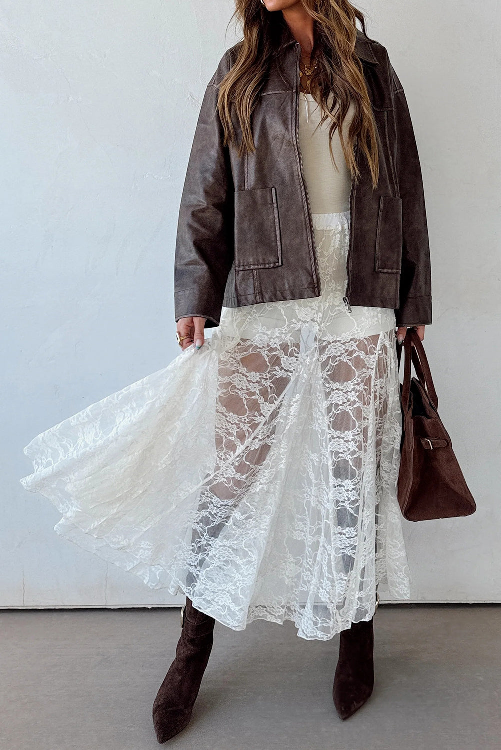 White Sheer Polished Sheer Floral Lace Flowy Maxi Skirt