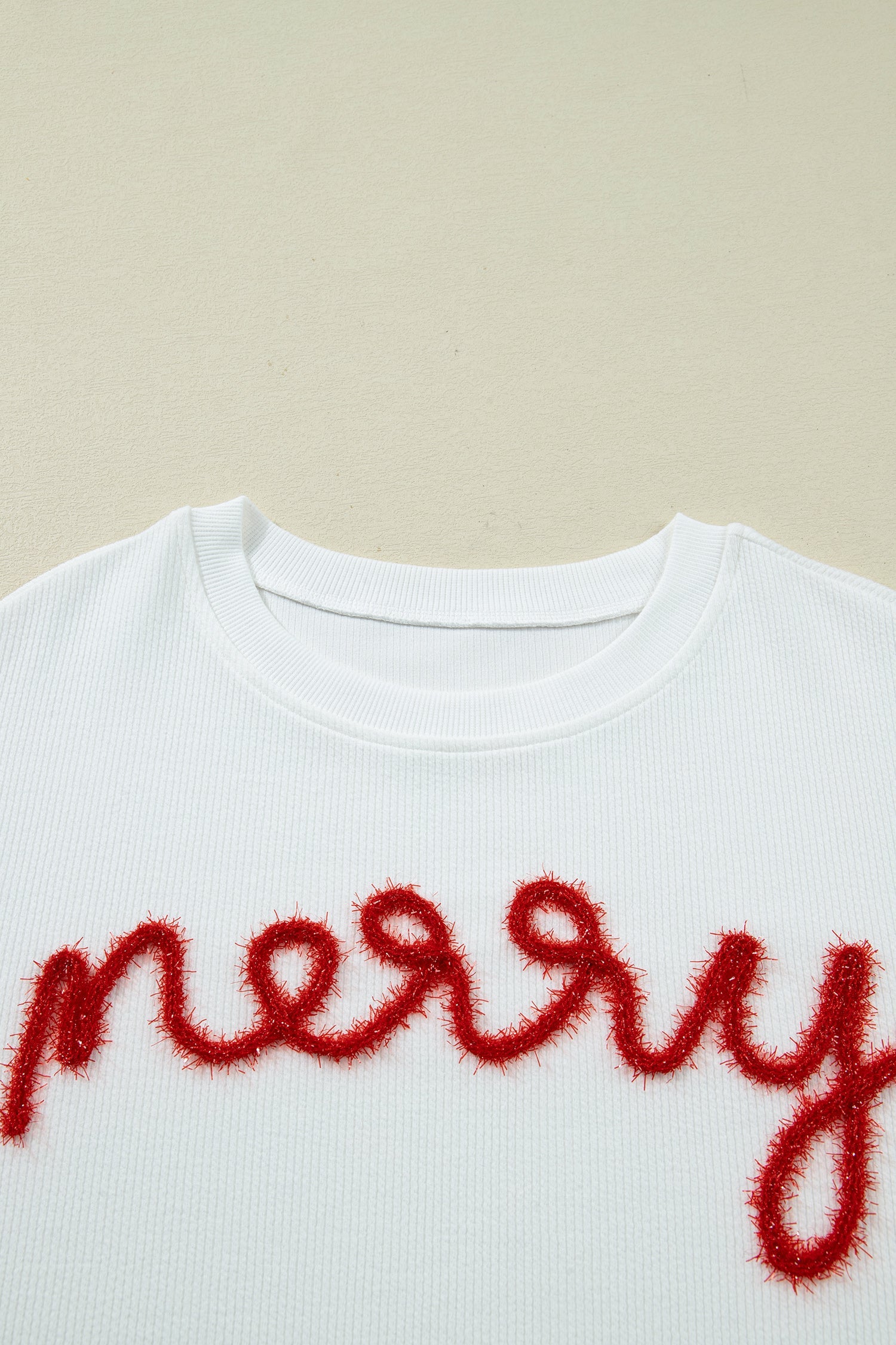 Merry Embroidery Tinsel Letter Rib-Knit Drop-Shoulder Sweatshirt