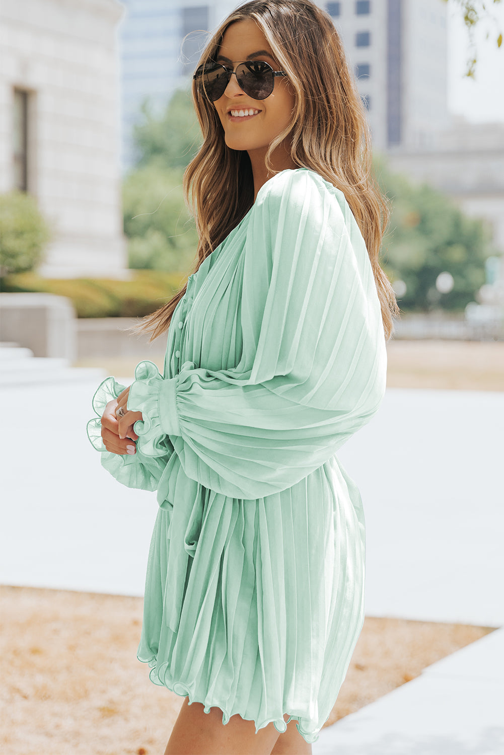 Women's Romper Featuring Buttons V Neck Ruffle-Trimmed Tie Waist