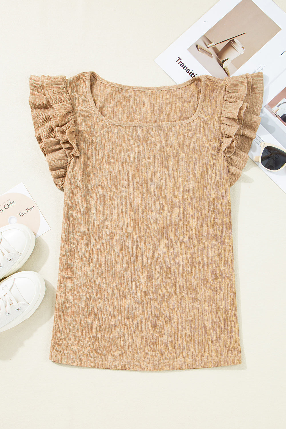 Ruffled Tiered Sleeve Square Neck Textured Top