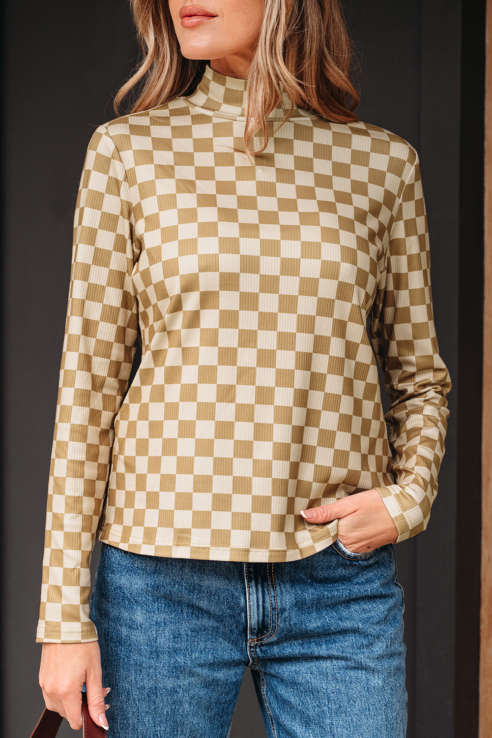 Turtleneck Check Pattern Rib-Knit Slim Long-Sleeved Tee in Khaki