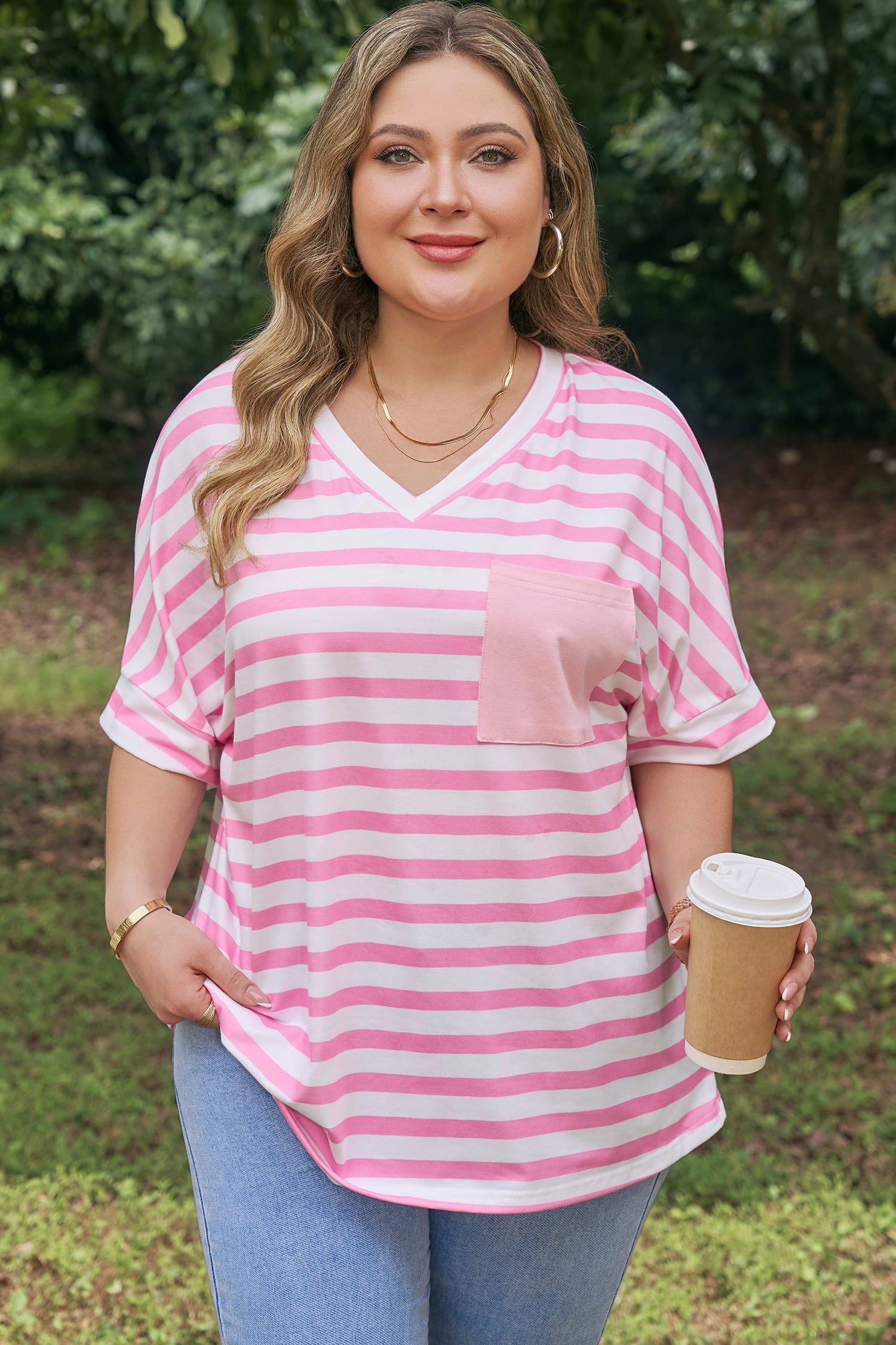 Patched Pocket Stripe Pocket V-Neck Plus Size Tee in Pink