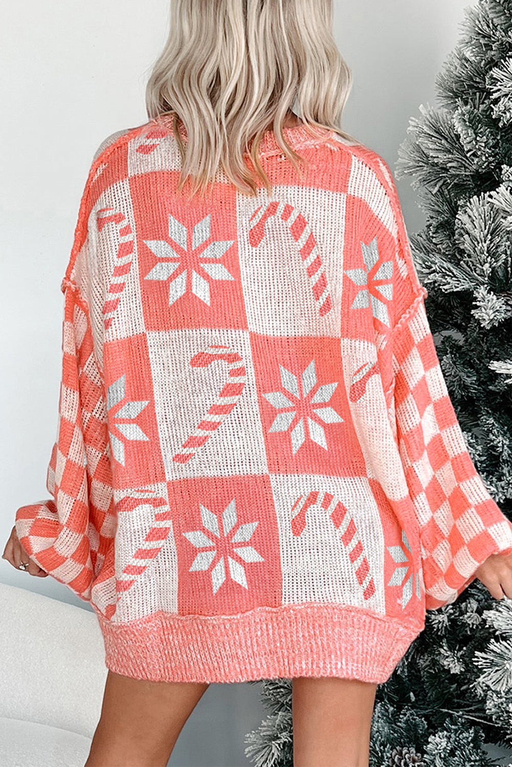 Snowflake Checker Candycane Checker Christmas Holiday Drop-Shoulder Tunic Loose Knit Top