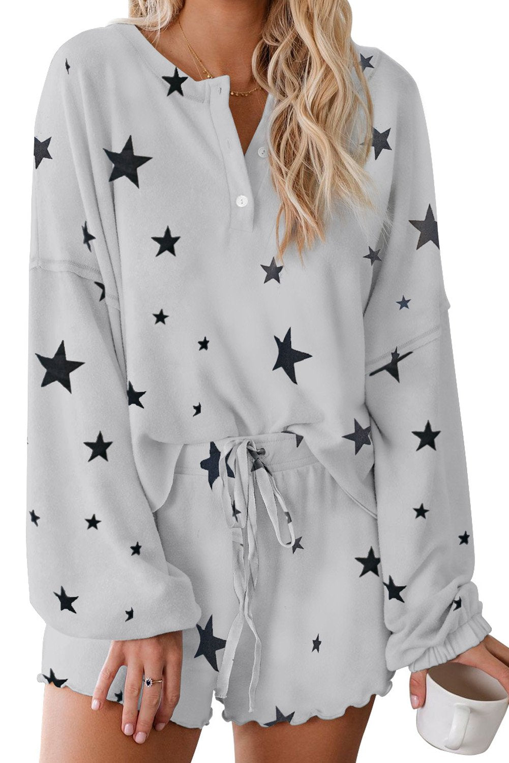 Women's Set with White Star Print Knitted Long-Sleeve Short Pajamas