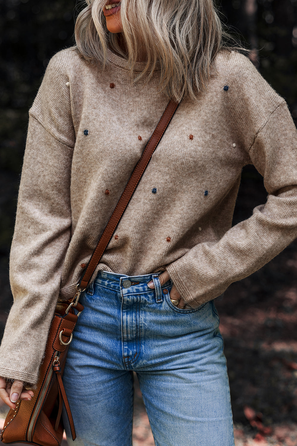 Colored Dot Contrast Dot Detail Drop-Shoulder Knit Top