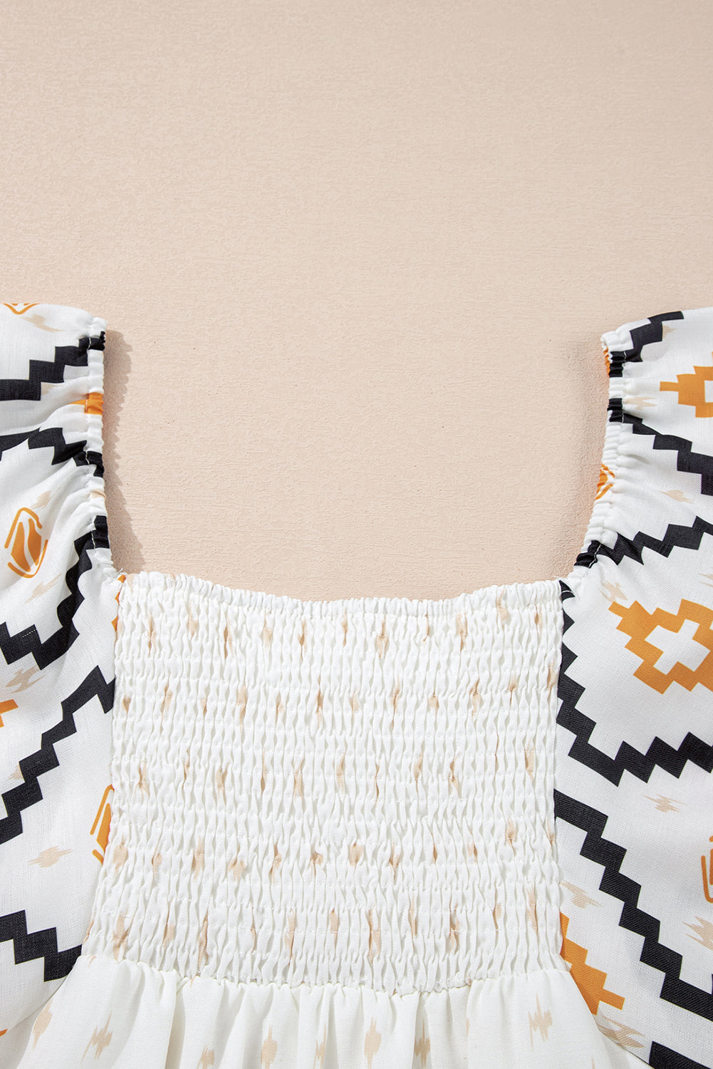 Beige Western Aztec Print Pleated Square Neck Mini Dress