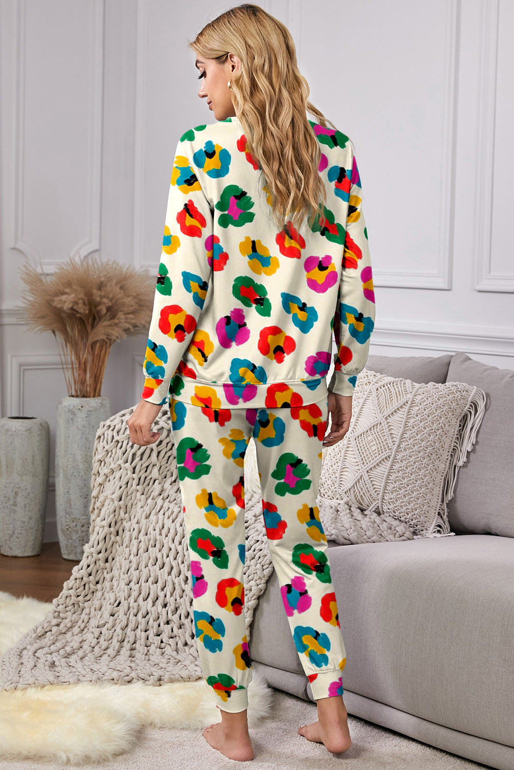 Leopard-Print Long-Sleeved Top and Skinny Pants Lounge Set