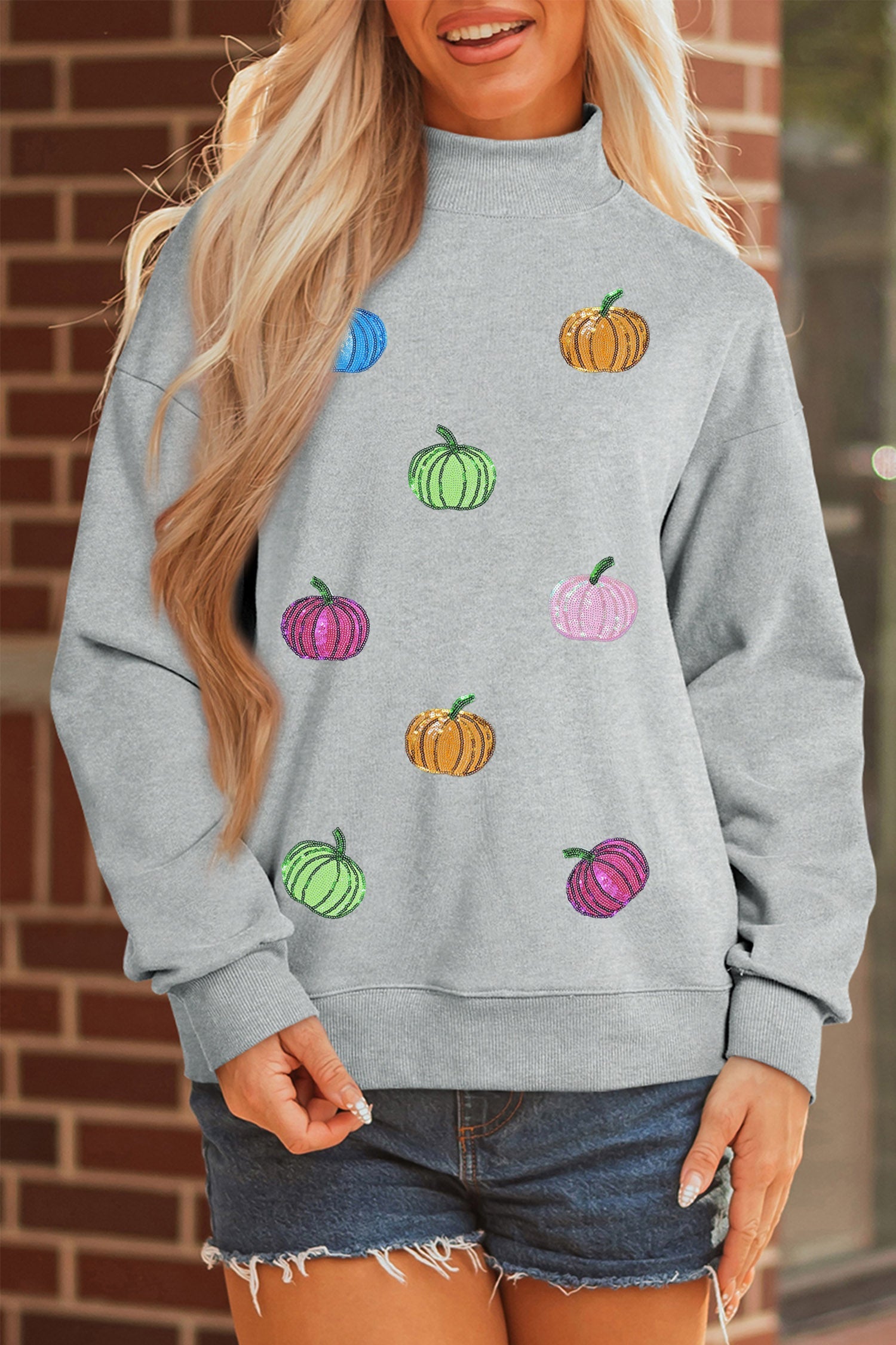 Sequin Everyday Gray Pumpkin Patch Mock-Neck Baggy Sweatshirt