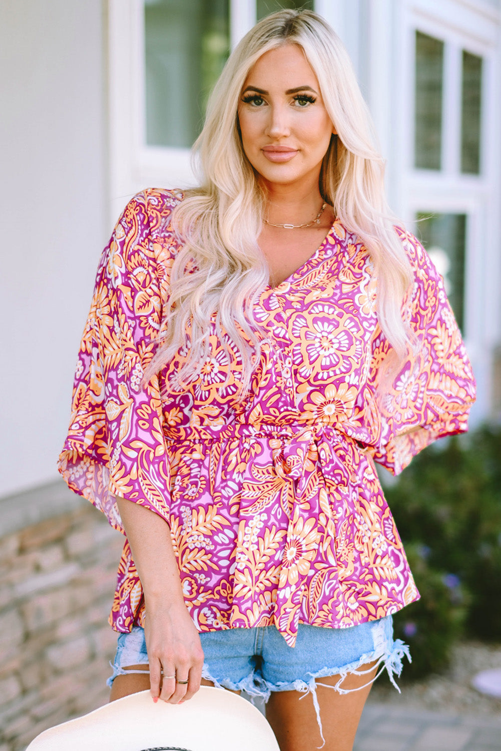 Women's Bohemian Floral-Print Belted Blouse
