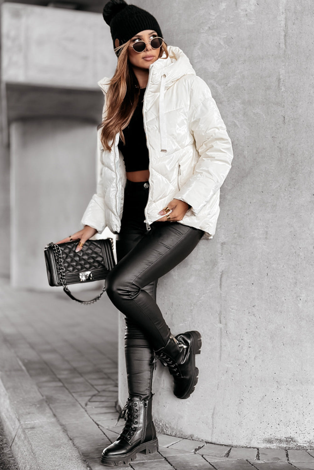 Solid Zip-Front Quilted Hooded Puffer Coat in White