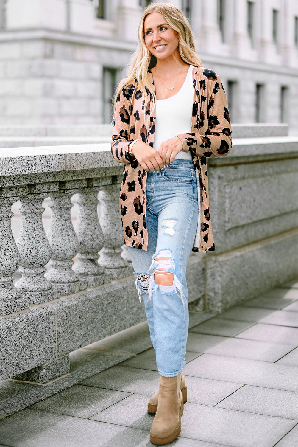 Women's Cardigan with Open Front Leopard-Print Printed