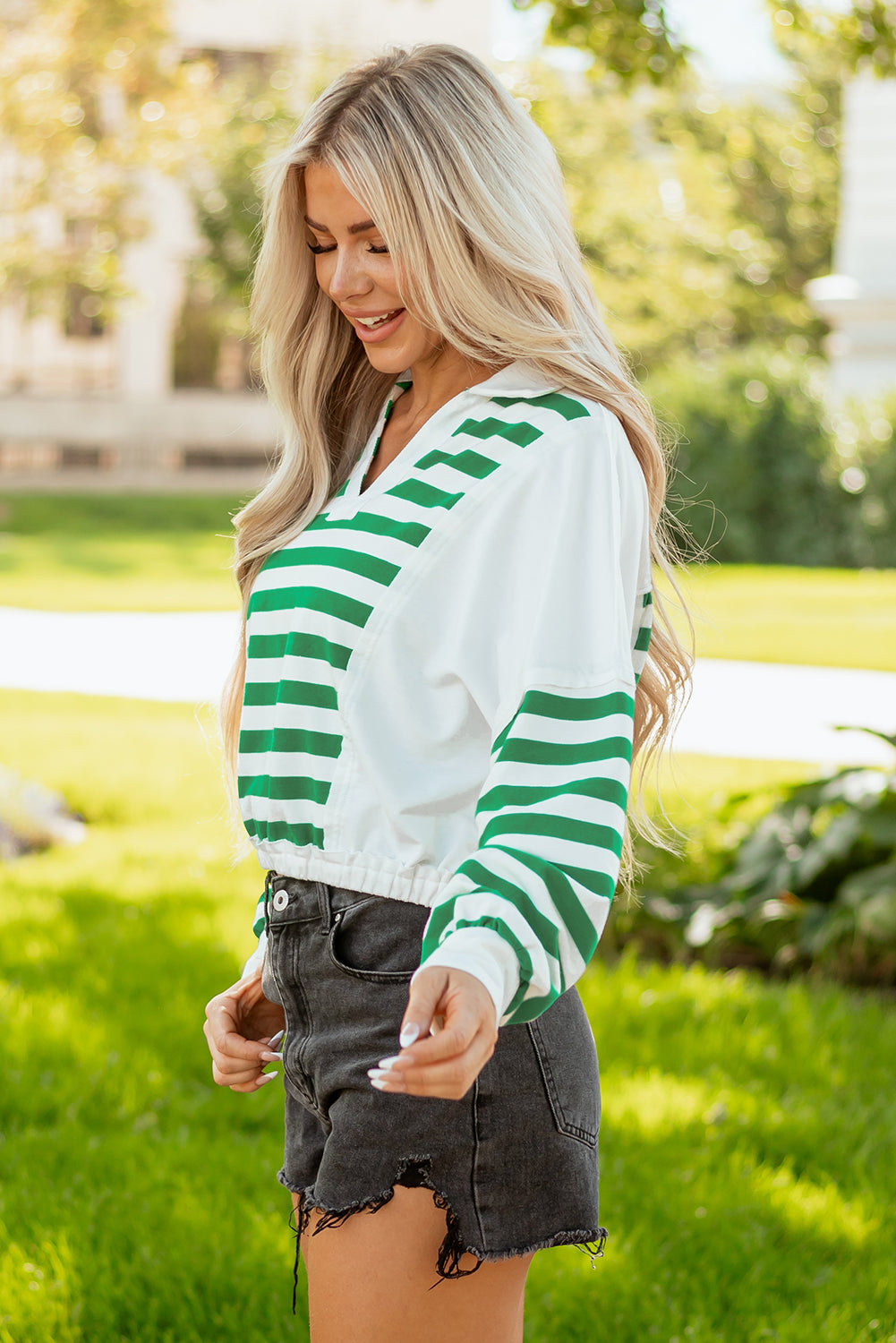 V-Neck Colorblock Collared Cropped Knit Pullover