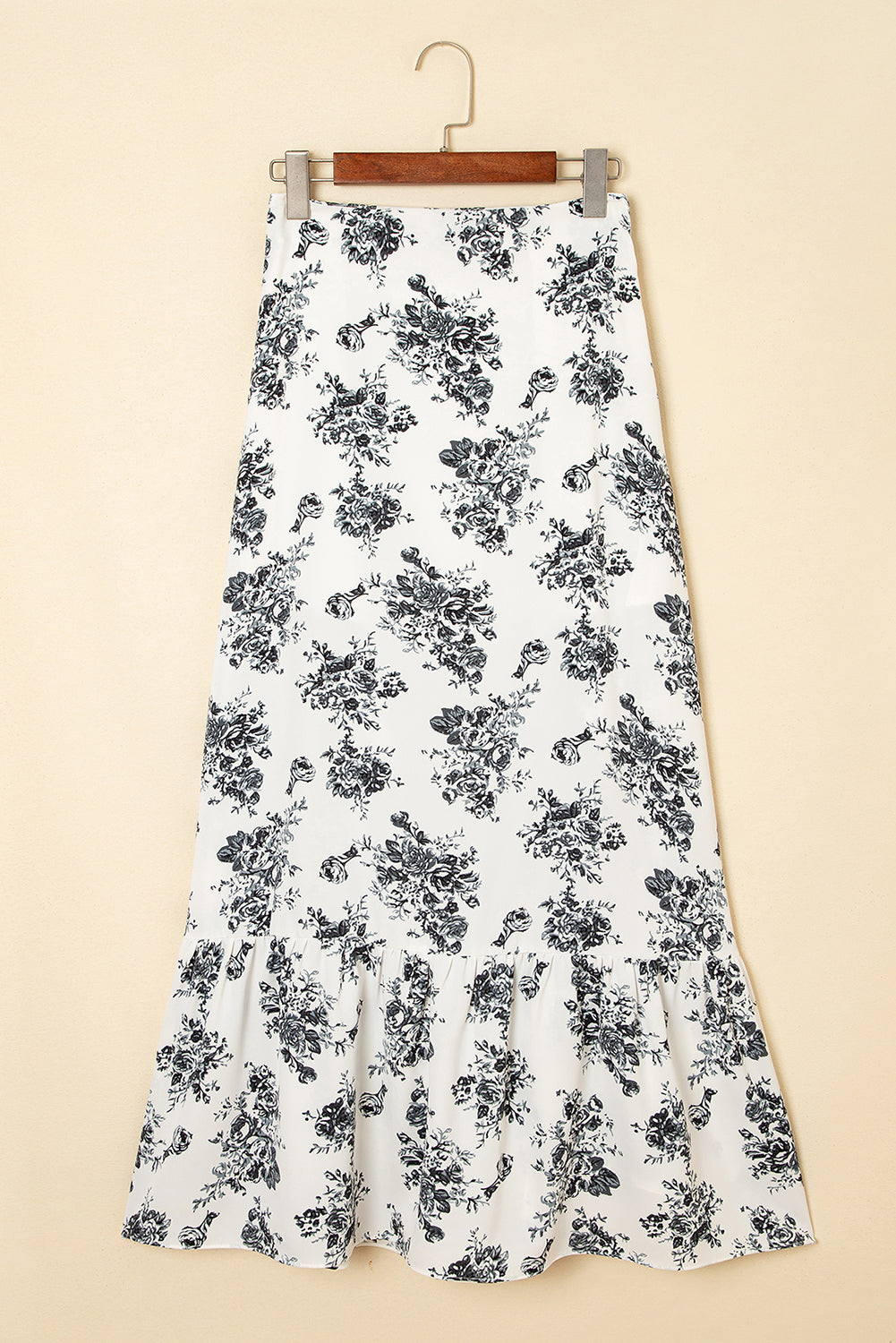 Black High-Waisted Boho Floral Ruffle Split Maxi Skirt in White