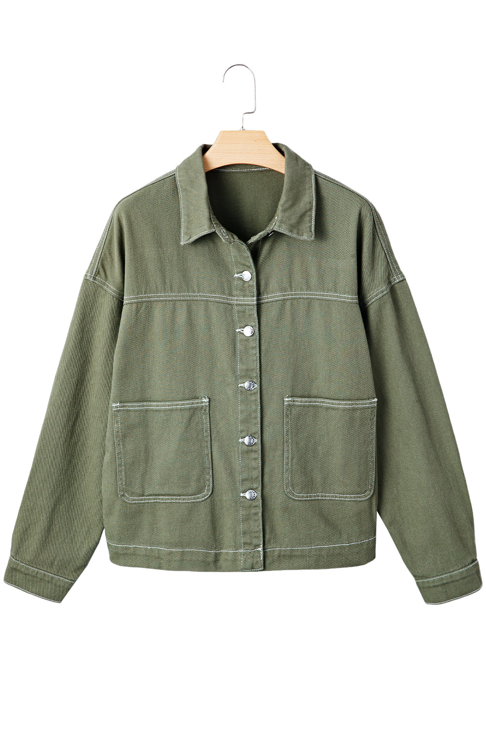 Collared Patched Pocket Button Front Boyfriend Denim Jacket