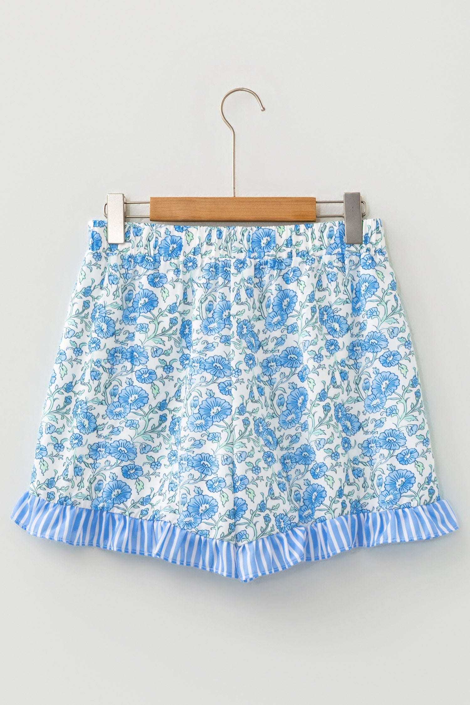 Floral Striped Summer Striped Ruffle Hem Lace Tie Shorts in Sky Blue