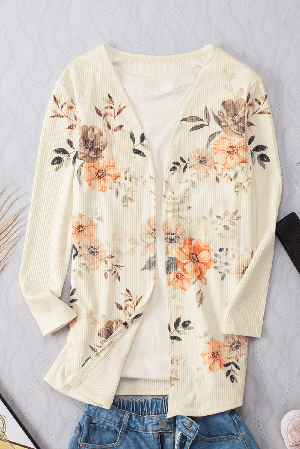 Cardigan coupe slim en tricot côtelé à imprimé floral abricot