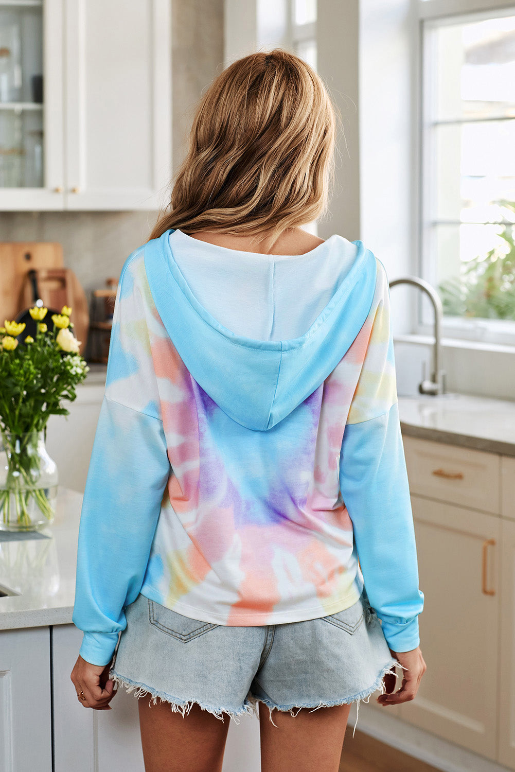 Women's Hoodie with The Sun Cotton Blend Tie Dye Fashion Sky Blue Color-Block