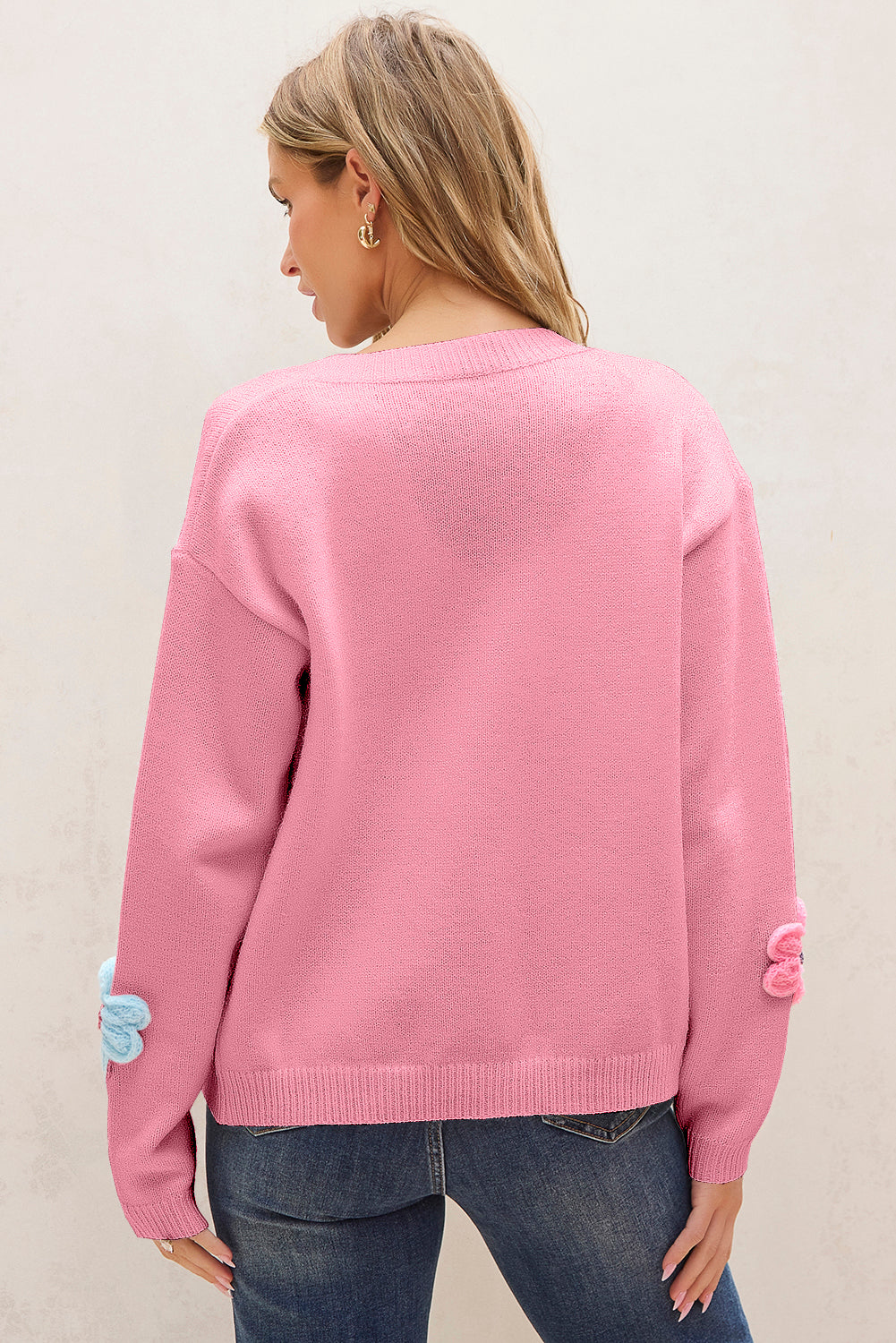 Cute Pattern Knit Floral Button-Front Cardigan in Pink
