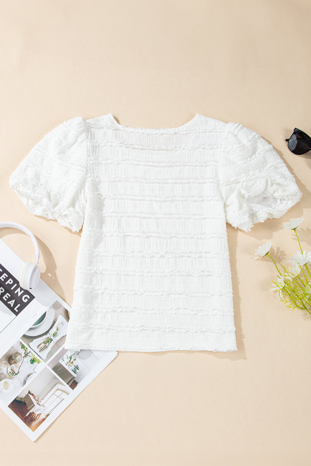 Frilled Lace Trim Bubble Sleeve Blouse
