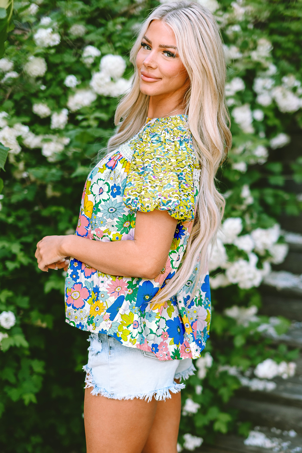 Blouse À Imprimé Floral Mélangé Et Bordure En Dentelle À Manches Bulles