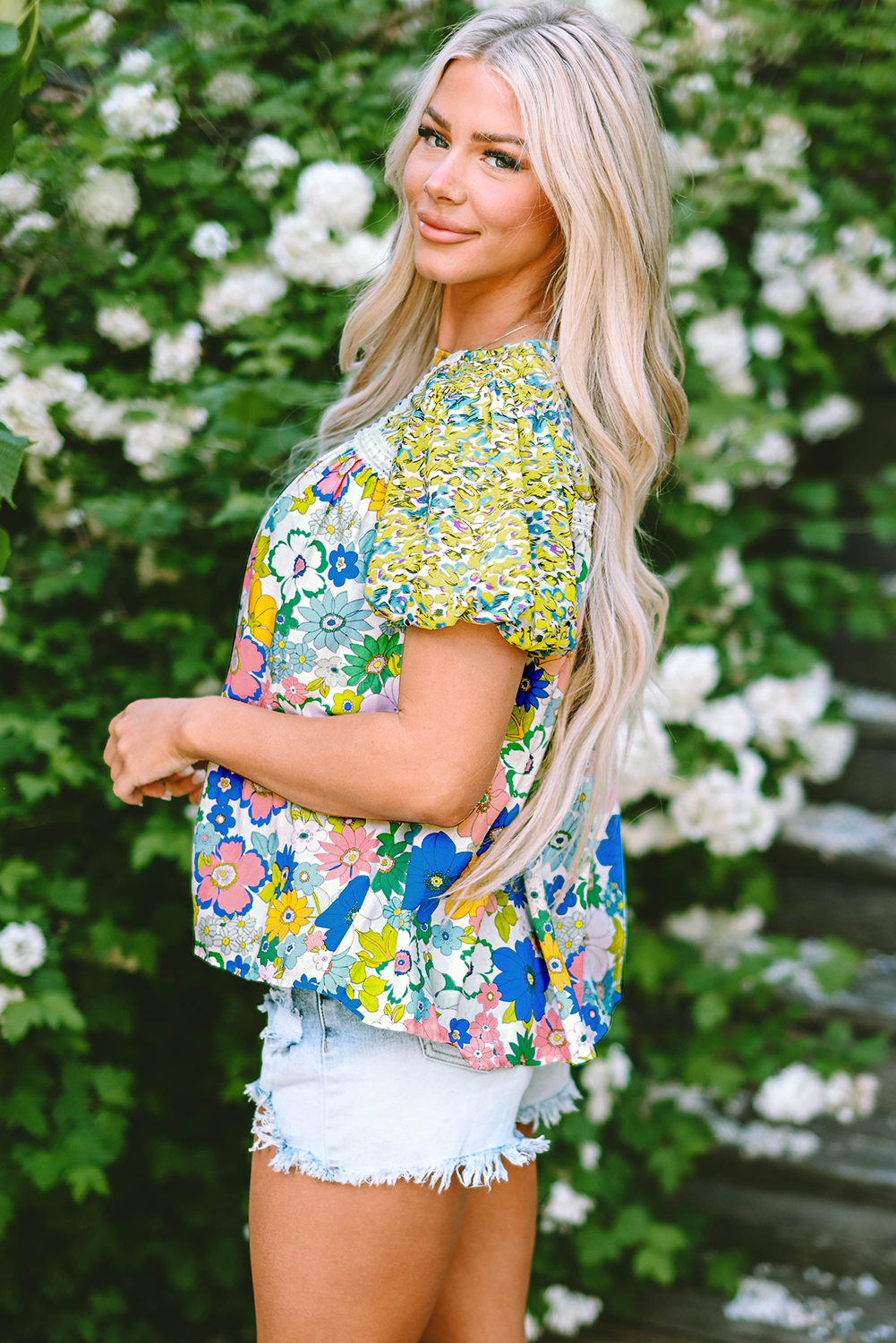 Women's Blouse with Lace-Trimmed Trim Floral-Print Mixed Print Bubble Sleeve