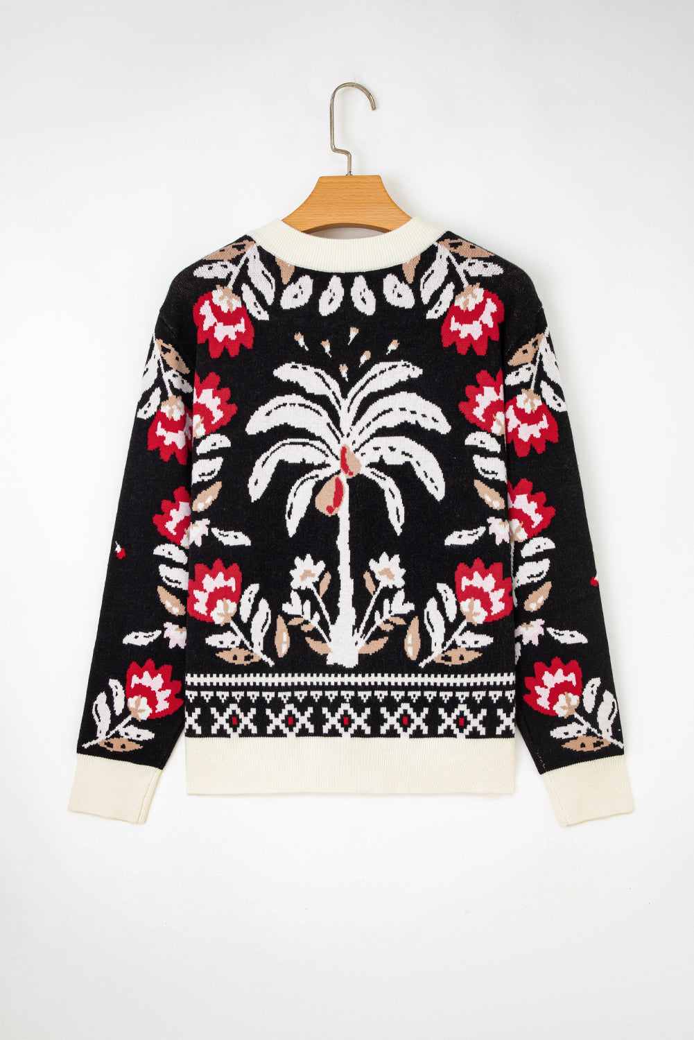 Floral-Print Knit Button-Front V-Neck Cardigan in Black