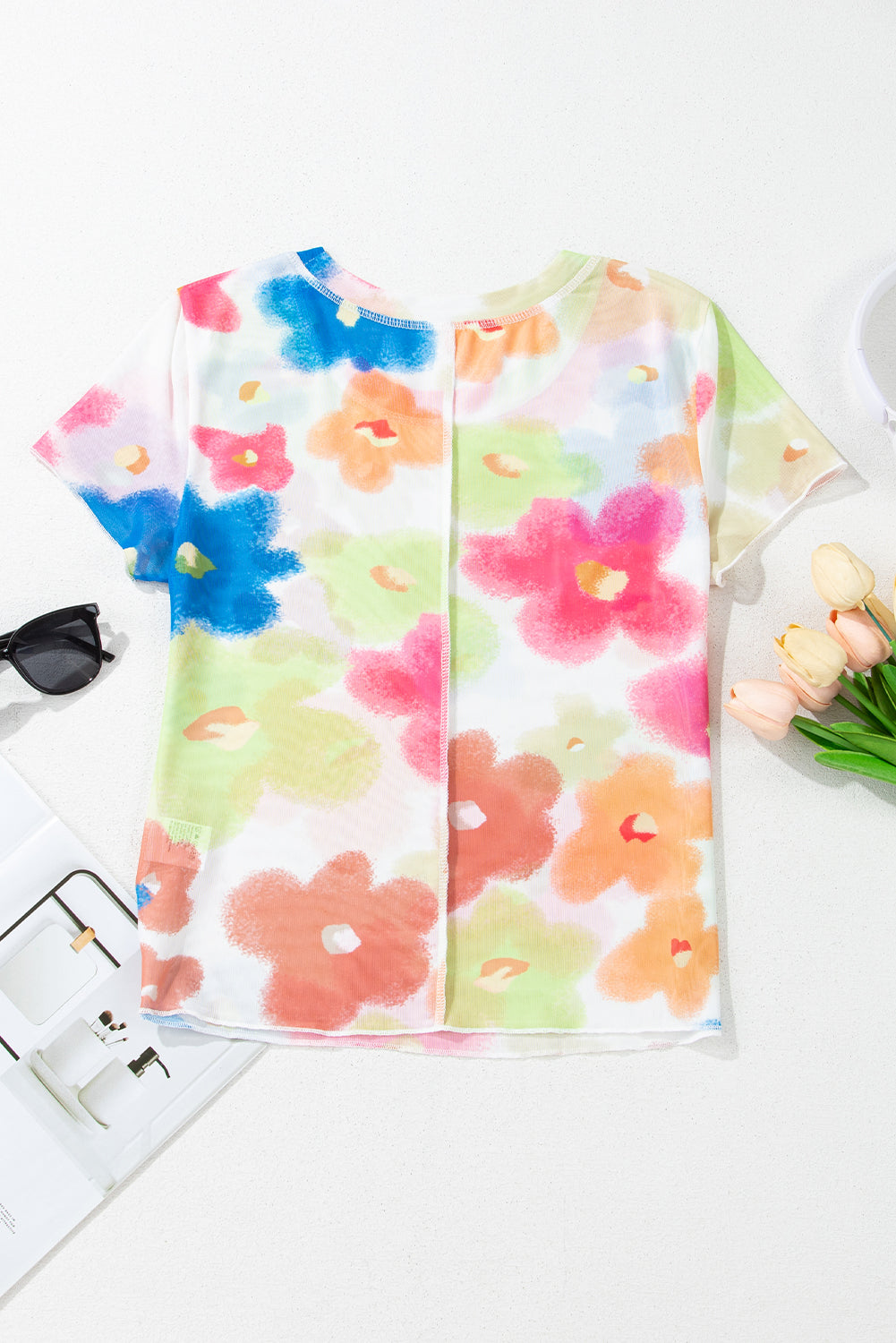Cute Floral Mesh Lettuce Trim Cropped T Shirt