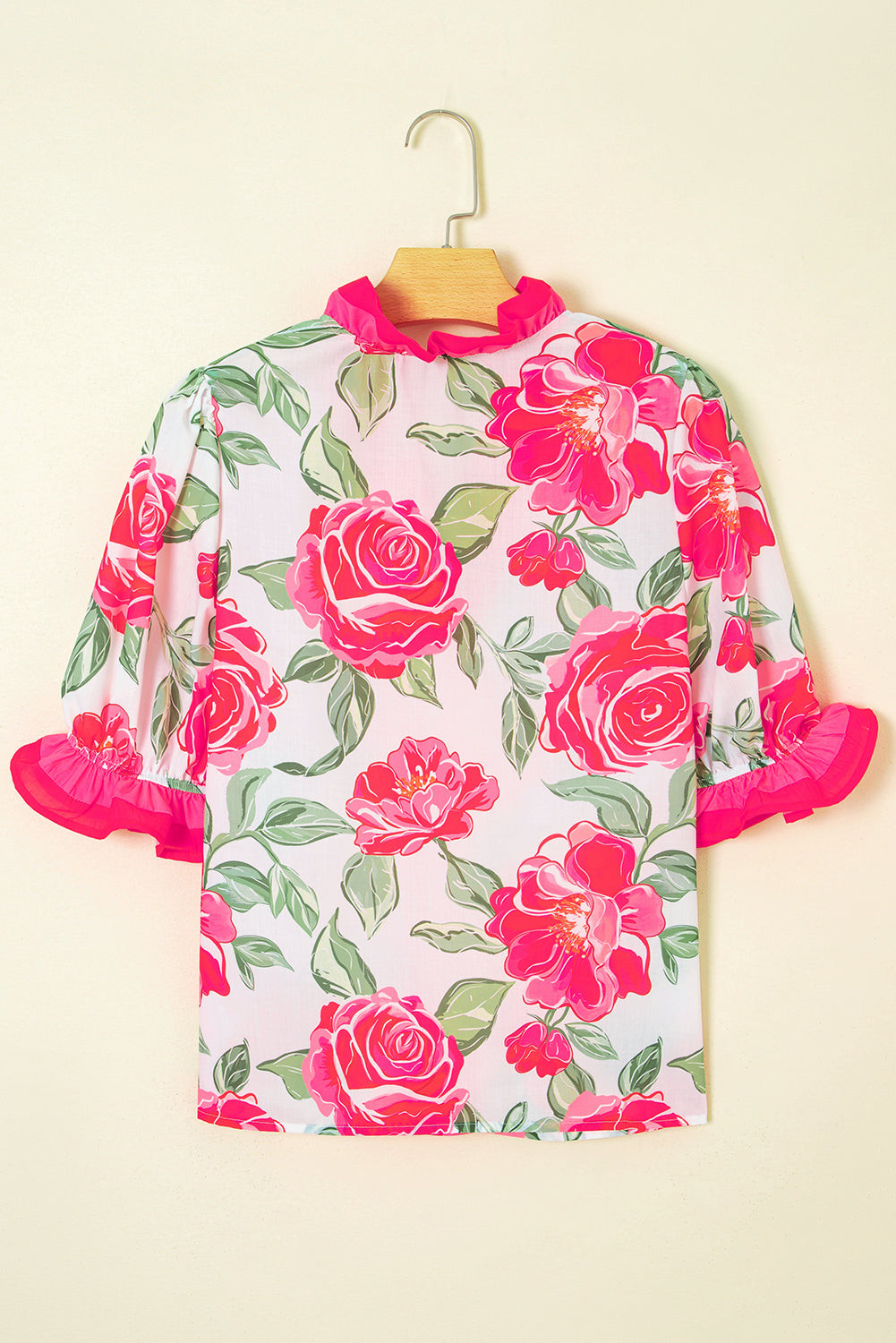 Frilled V-Neck Floral V-Neck Short-Sleeved Blouse Top