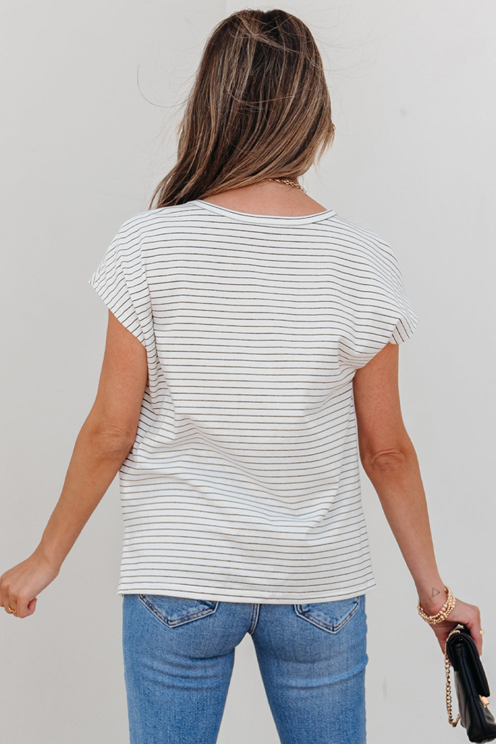 Cap Sleeve Crew Neck Casual Tee with Chest Pocket