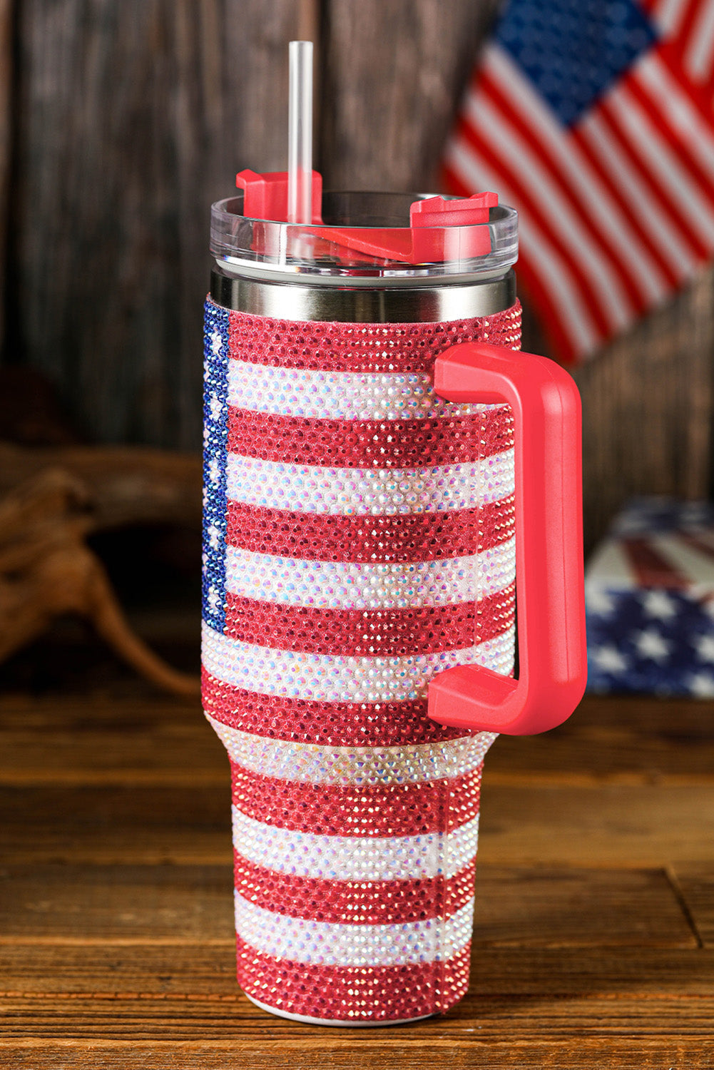 American Flag Rhinestone Flag Print Handled 40oz Thermos Tumbler