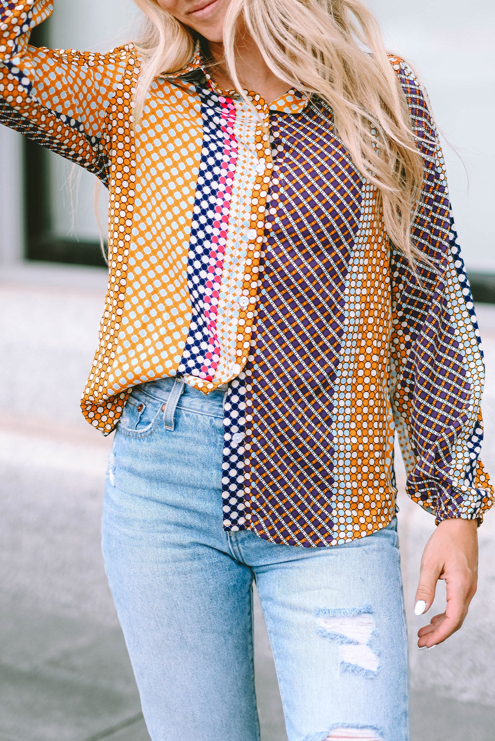 Women's Dot Print Button Down Shif T Shirt