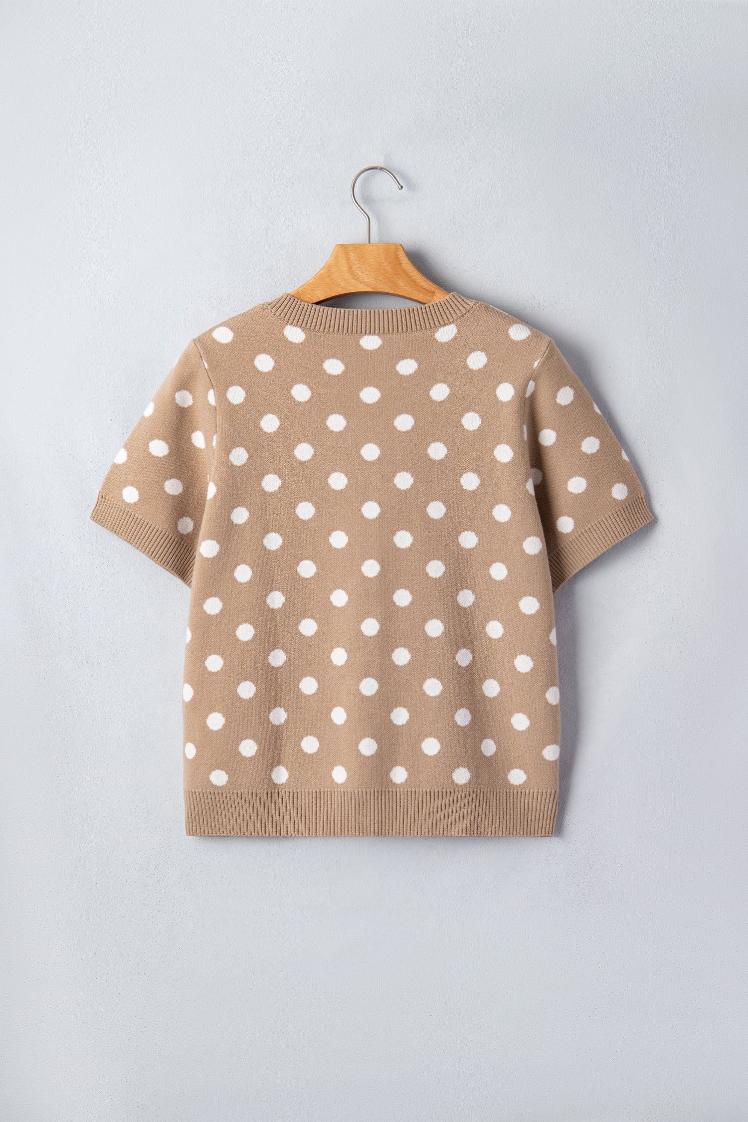 Short-Sleeved Button Polka-Dot Button Down Cardigan Knit Top in Dark Khaki