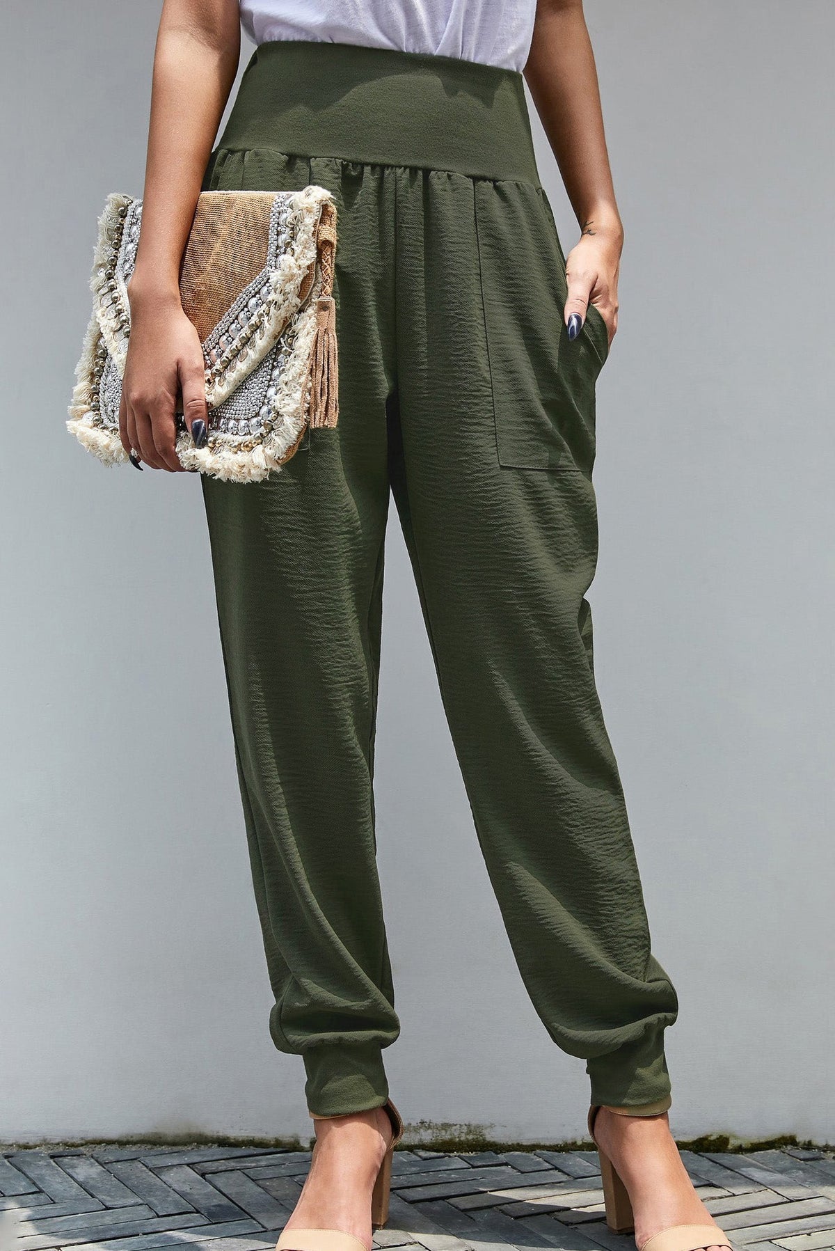 Women's Stretchy High Waistband Cotton Green Pocket-Detail Joggers