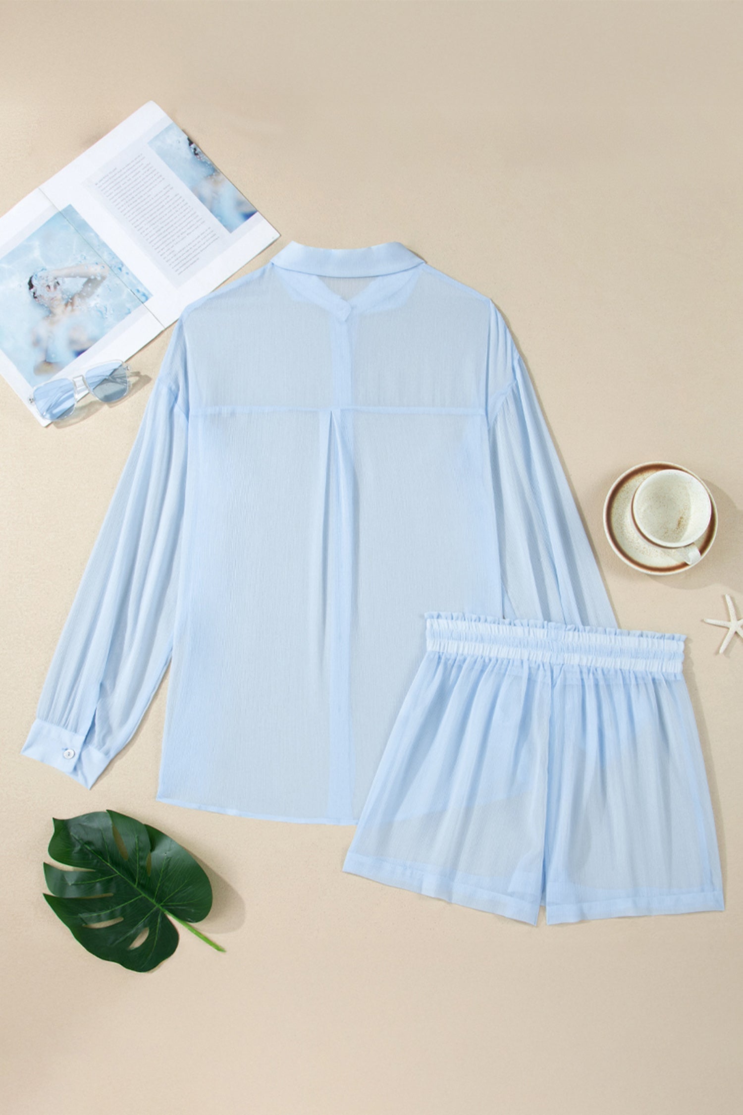 Shirt Sheer Tunic Drawcord Shorts 2pcs Swim Cover Up in Beau Blue