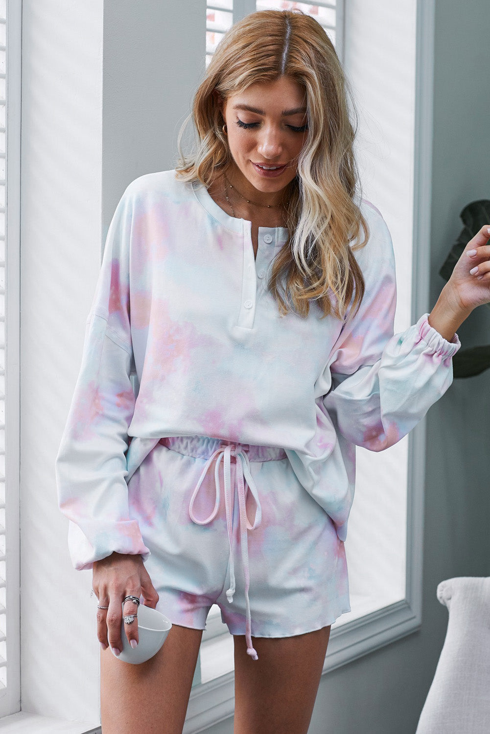 Women's Set with Orange Tie Dye Knitted Long-Sleeve and Short Pajamas