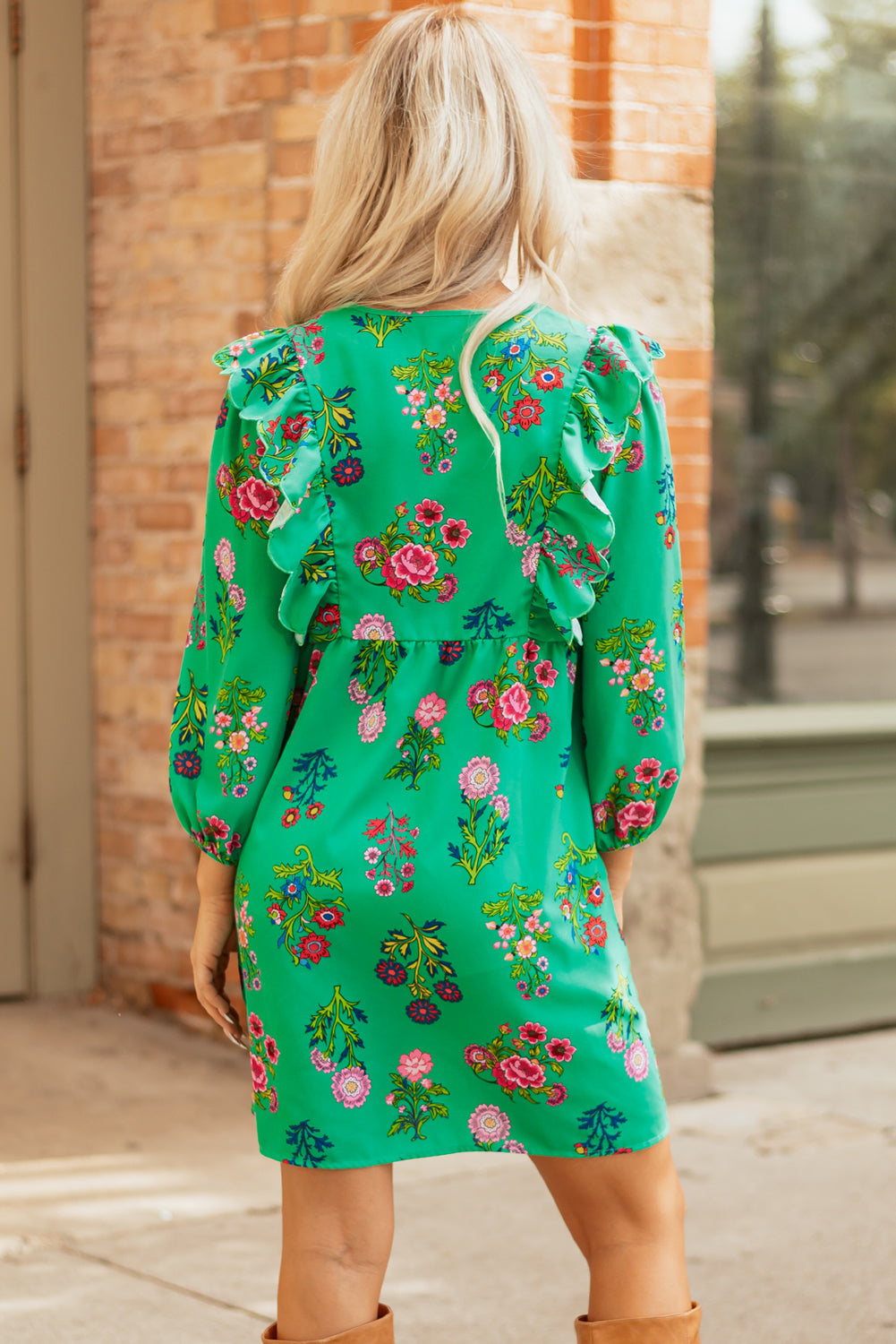 Floral Ruffled Three Quarter Sleeve Button-Front Mini Dress
