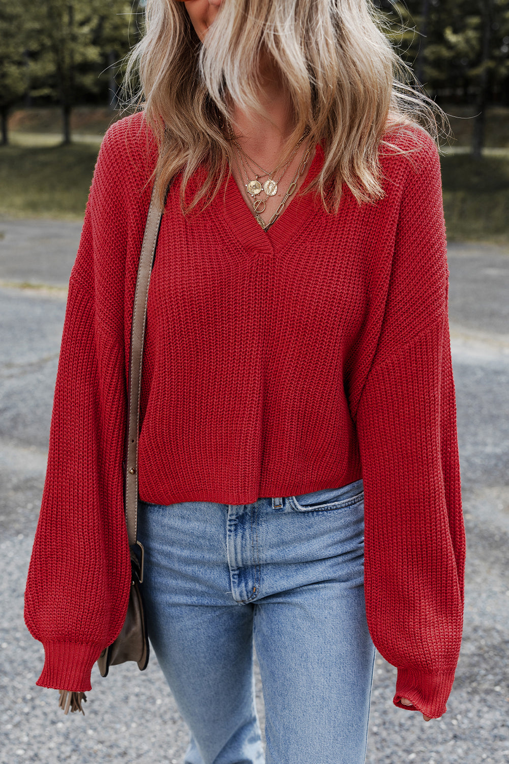 Solid Textured Knit V-Neck Drop-Shoulder Knit Top in Red