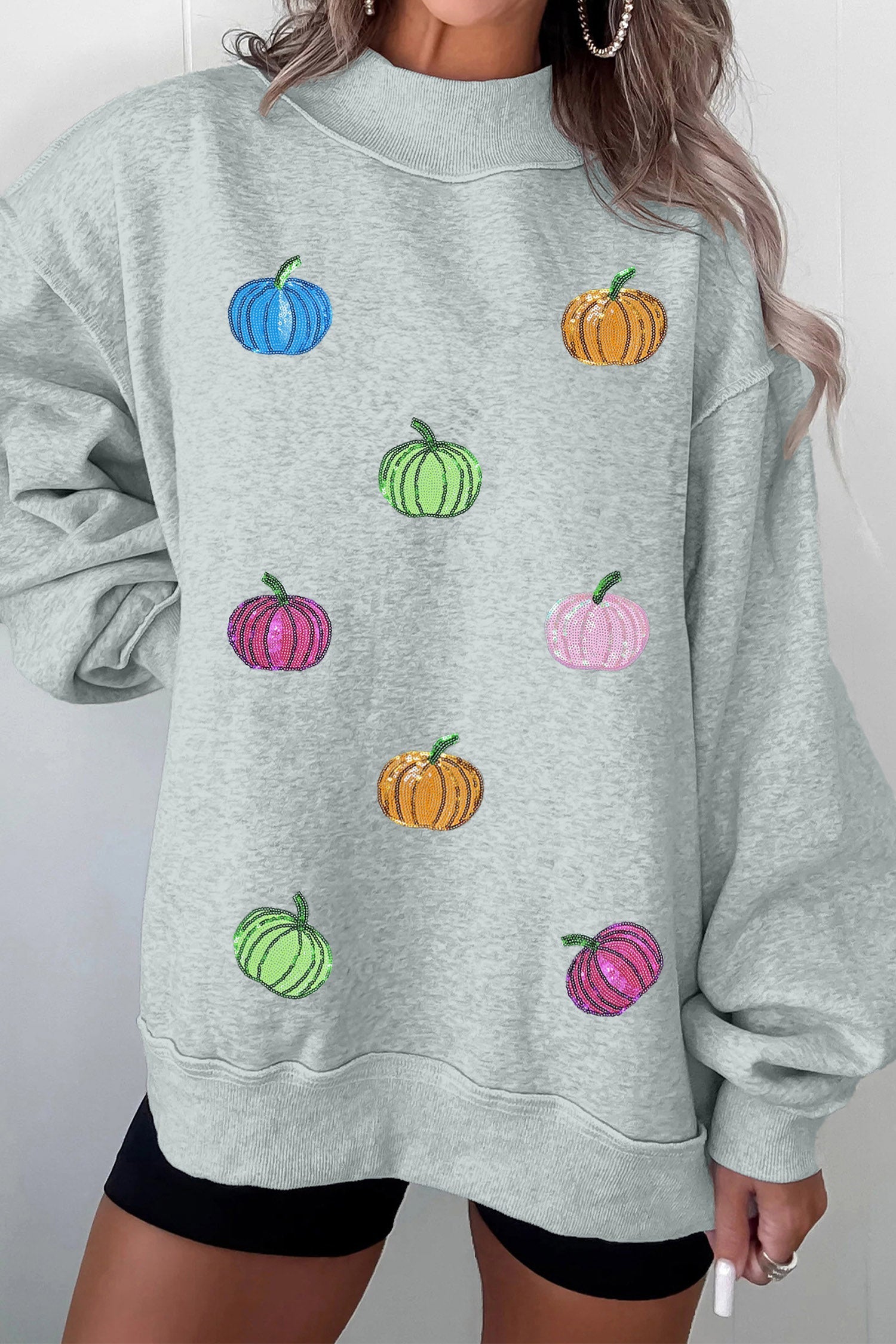 Sequin Everyday Gray Pumpkin Patch Mock-Neck Baggy Sweatshirt