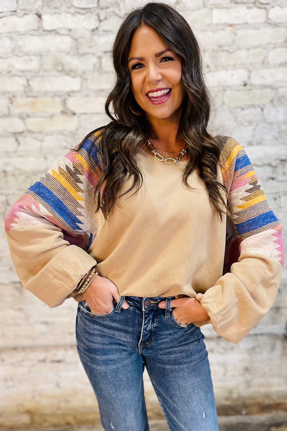 Aztec Patchwork Raglan Pullover Sweatshirt