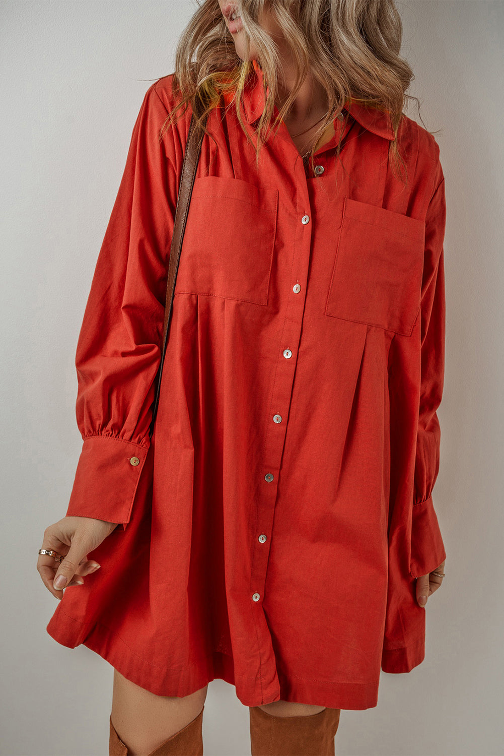 Women's Shirt Dress Featuring Bishop Sleeve Pleat-Detail Mini