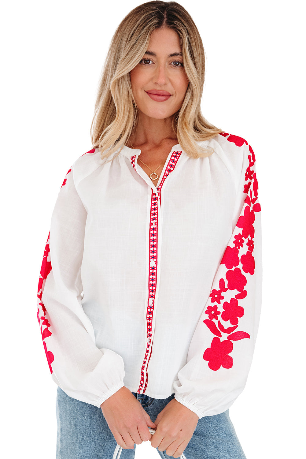 Floral Long-Sleeved Embroidered Puff Everyday Shirt