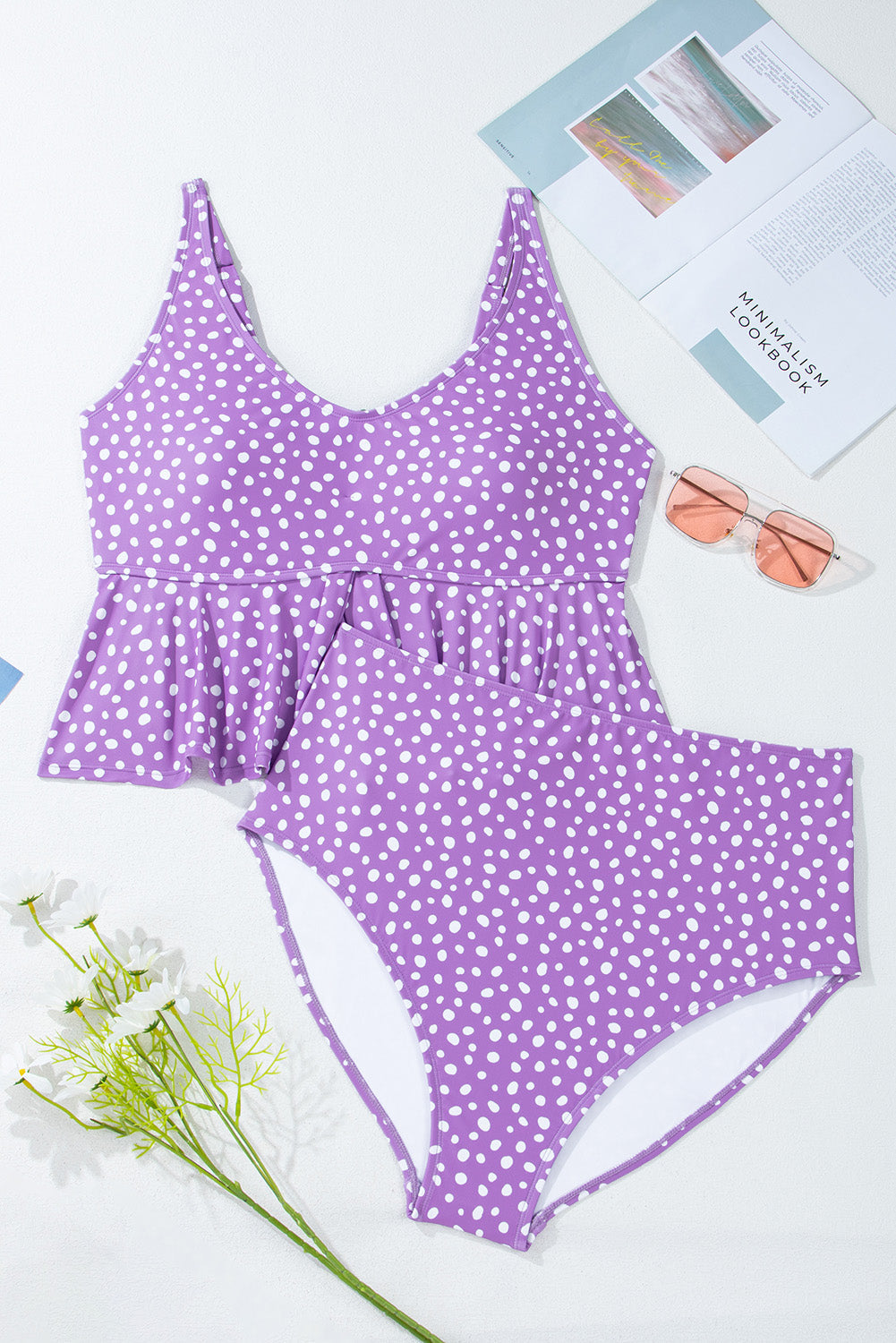 Purple Plus Size Polka Dot Print Ruffled Tankini Set