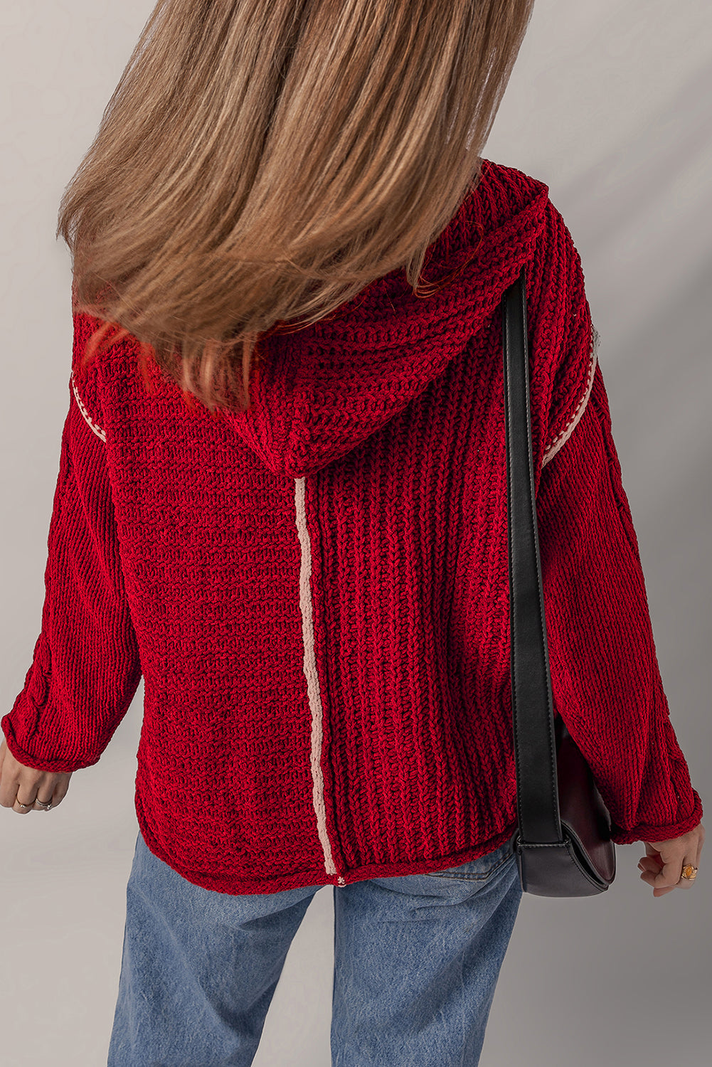 Contrast Trim Color Trim Textured Knit Drawcord Hooded Knit Top