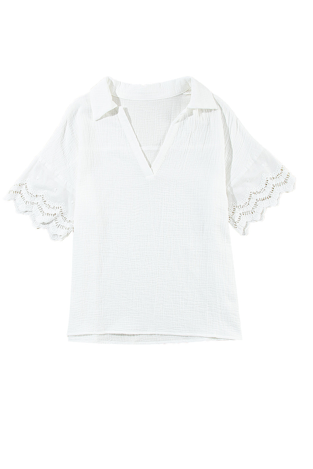 Blouse for Women Collared V Neck Crinkled Lace-Trimmed