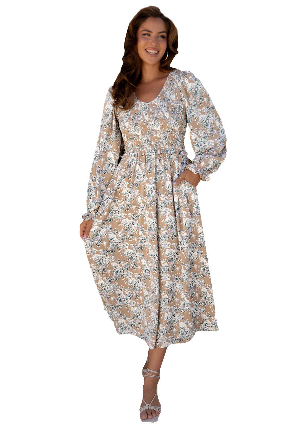 Floral Maple Grove Smocked Puff Sleeve Long Dress